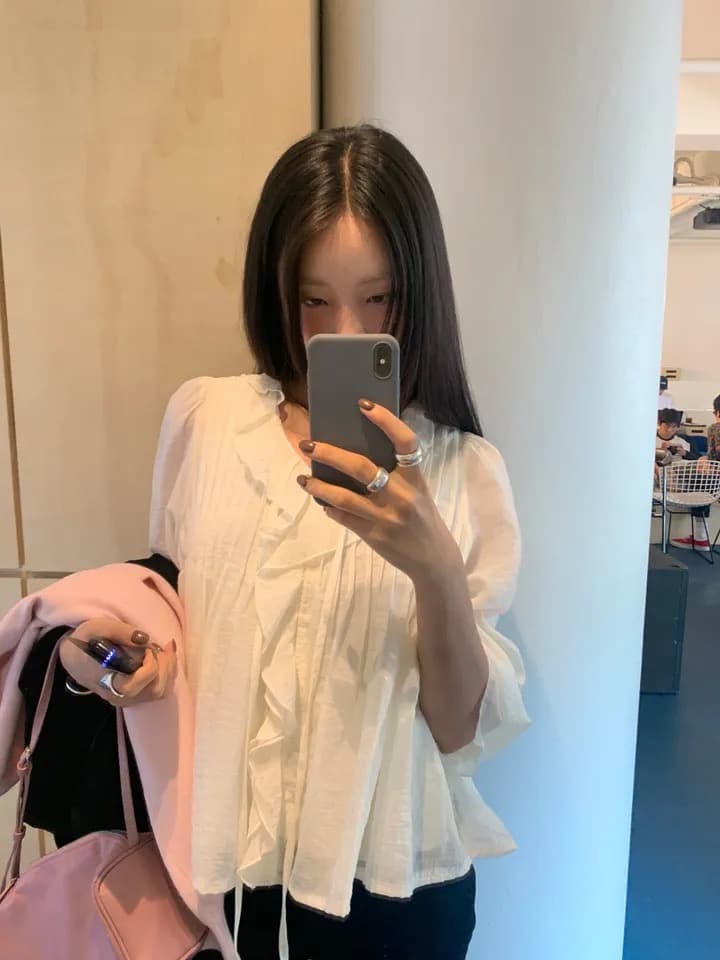 있음 창고 chic 달콤한 스타일 무거운 작업 플리츠 프릴 리본 얇은 스타일 여성 셔츠 상세 이미지 4