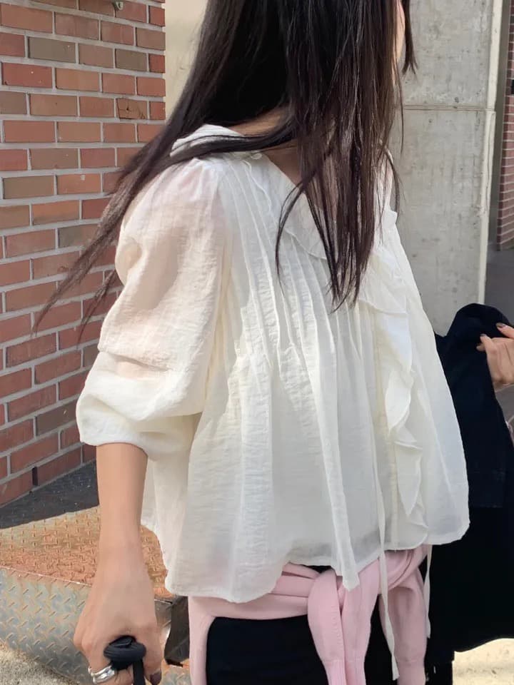있음 창고 chic 달콤한 스타일 무거운 작업 플리츠 프릴 리본 얇은 스타일 여성 셔츠 상세 이미지 5