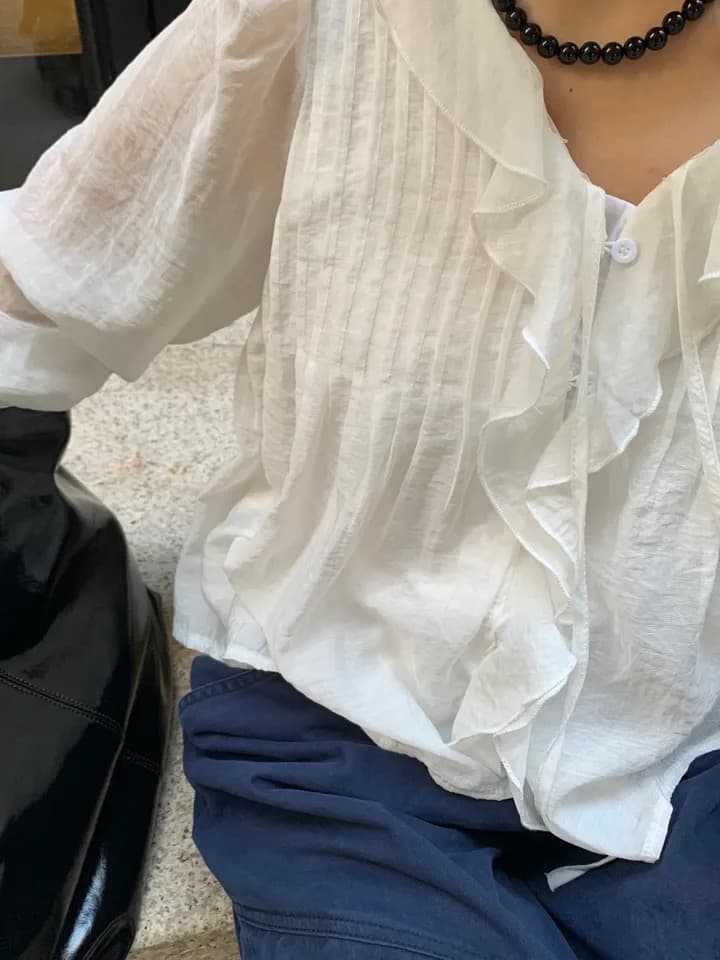 있음 창고 chic 달콤한 스타일 무거운 작업 플리츠 프릴 리본 얇은 스타일 여성 셔츠 상세 이미지 9