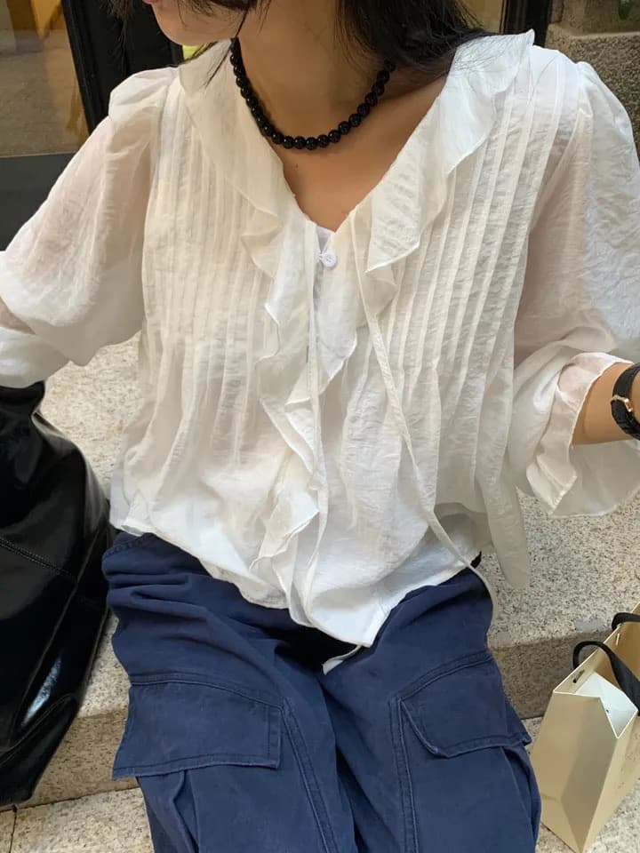있음 창고 chic 달콤한 스타일 무거운 작업 플리츠 프릴 리본 얇은 스타일 여성 셔츠 상세 이미지 12