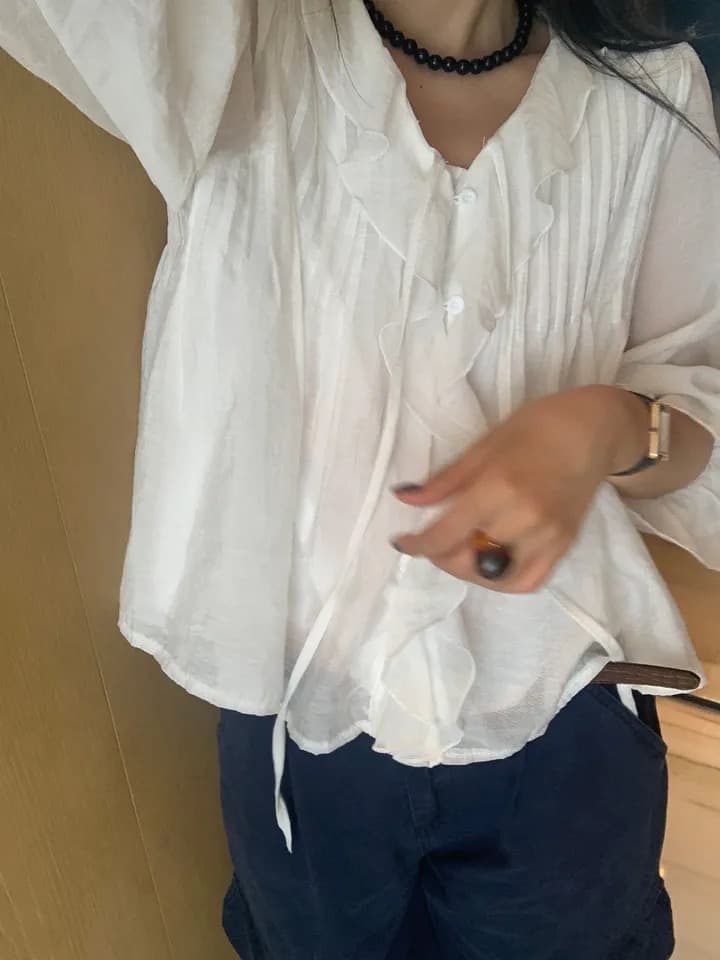 있음 창고 chic 달콤한 스타일 무거운 작업 플리츠 프릴 리본 얇은 스타일 여성 셔츠 상세 이미지 14