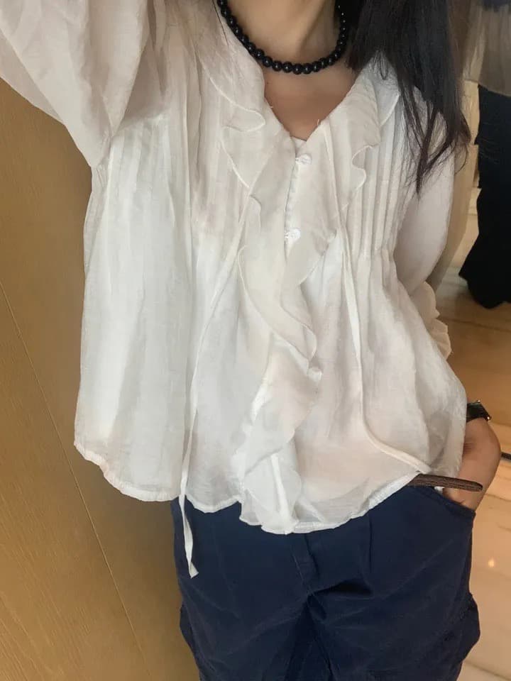 있음 창고 chic 달콤한 스타일 무거운 작업 플리츠 프릴 리본 얇은 스타일 여성 셔츠 상세 이미지 15