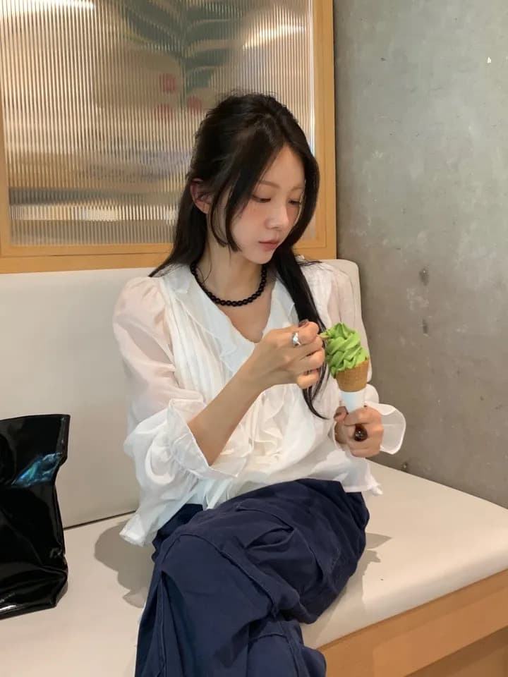있음 창고 chic 달콤한 스타일 무거운 작업 플리츠 프릴 리본 얇은 스타일 여성 셔츠 상세 이미지 17