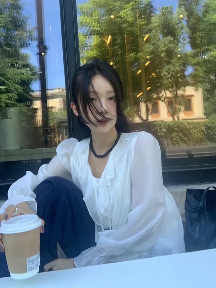있음 창고 chic 달콤한 스타일 무거운 작업 플리츠 프릴 리본 얇은 스타일 여성 셔츠 상세 이미지 23