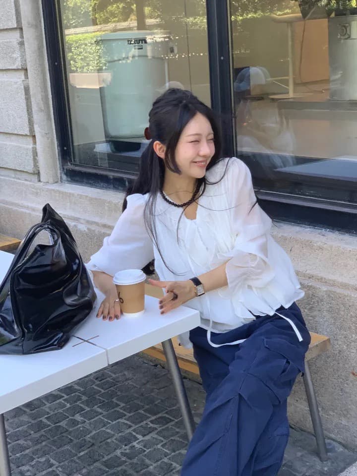 있음 창고 chic 달콤한 스타일 무거운 작업 플리츠 프릴 리본 얇은 스타일 여성 셔츠 상세 이미지 24