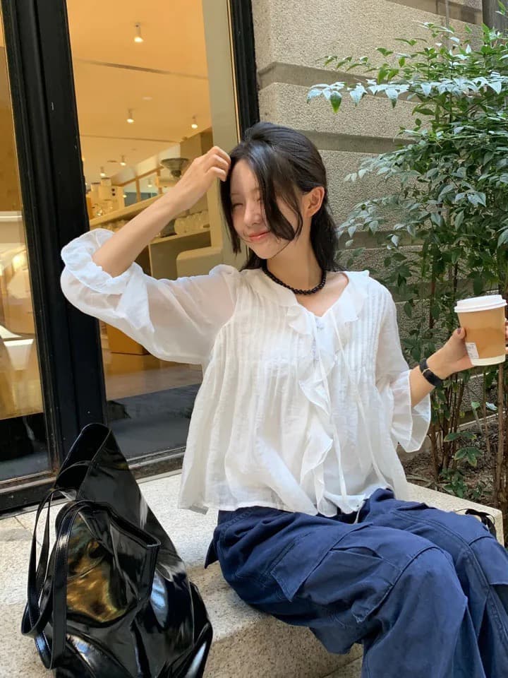 있음 창고 chic 달콤한 스타일 무거운 작업 플리츠 프릴 리본 얇은 스타일 여성 셔츠 상세 이미지 25