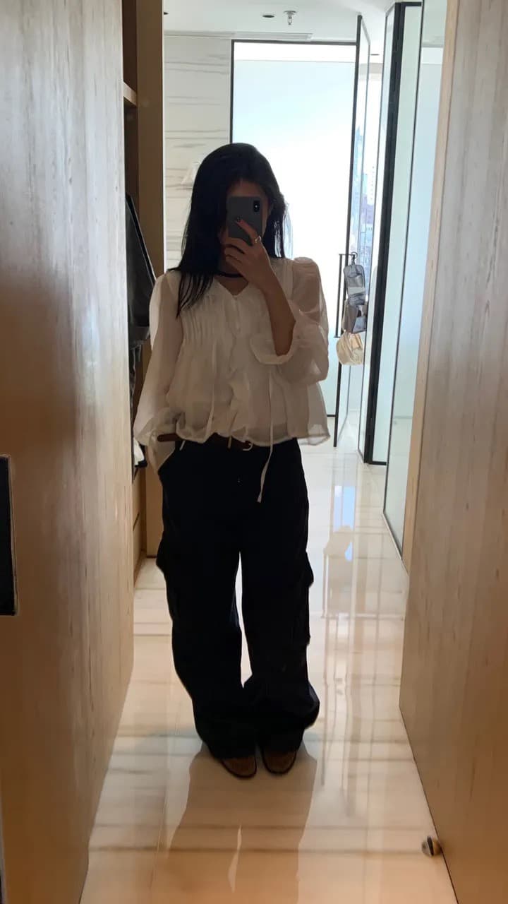 있음 창고 chic 달콤한 스타일 무거운 작업 플리츠 프릴 리본 얇은 스타일 여성 셔츠 상세 이미지 27