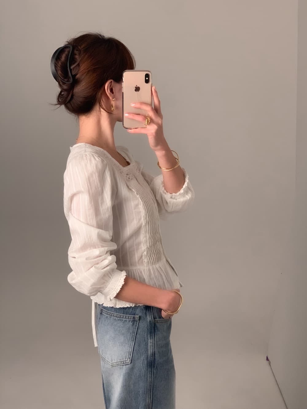 chic 가을 무거운 작업 레이스 레이스 레이스 업 셔츠 쉬폰 블라우스 상세 이미지 8