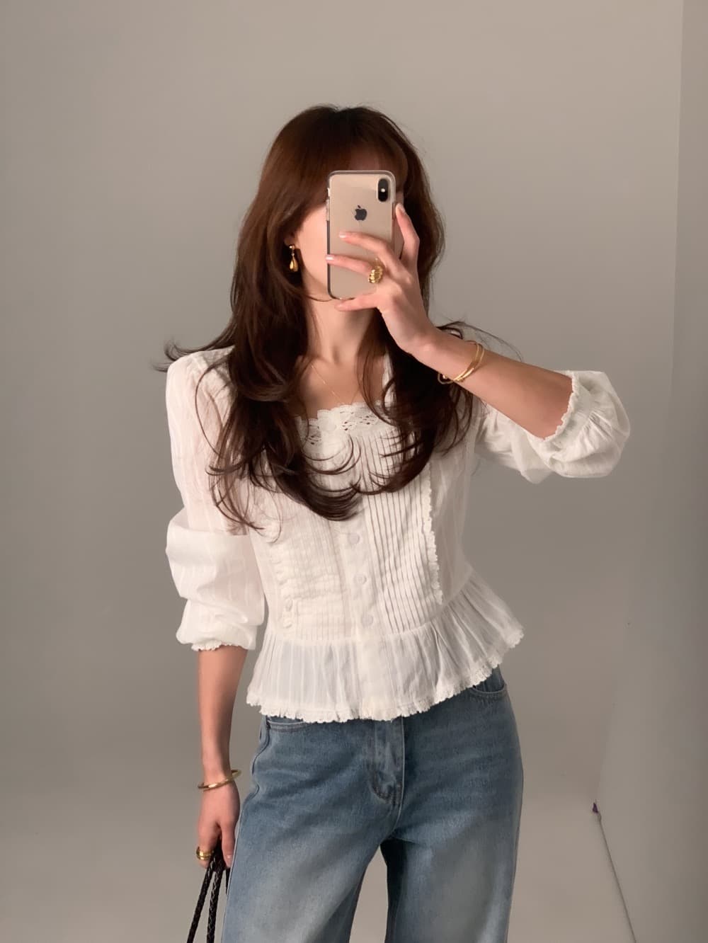 chic 가을 무거운 작업 레이스 레이스 레이스 업 셔츠 쉬폰 블라우스 상세 이미지 10