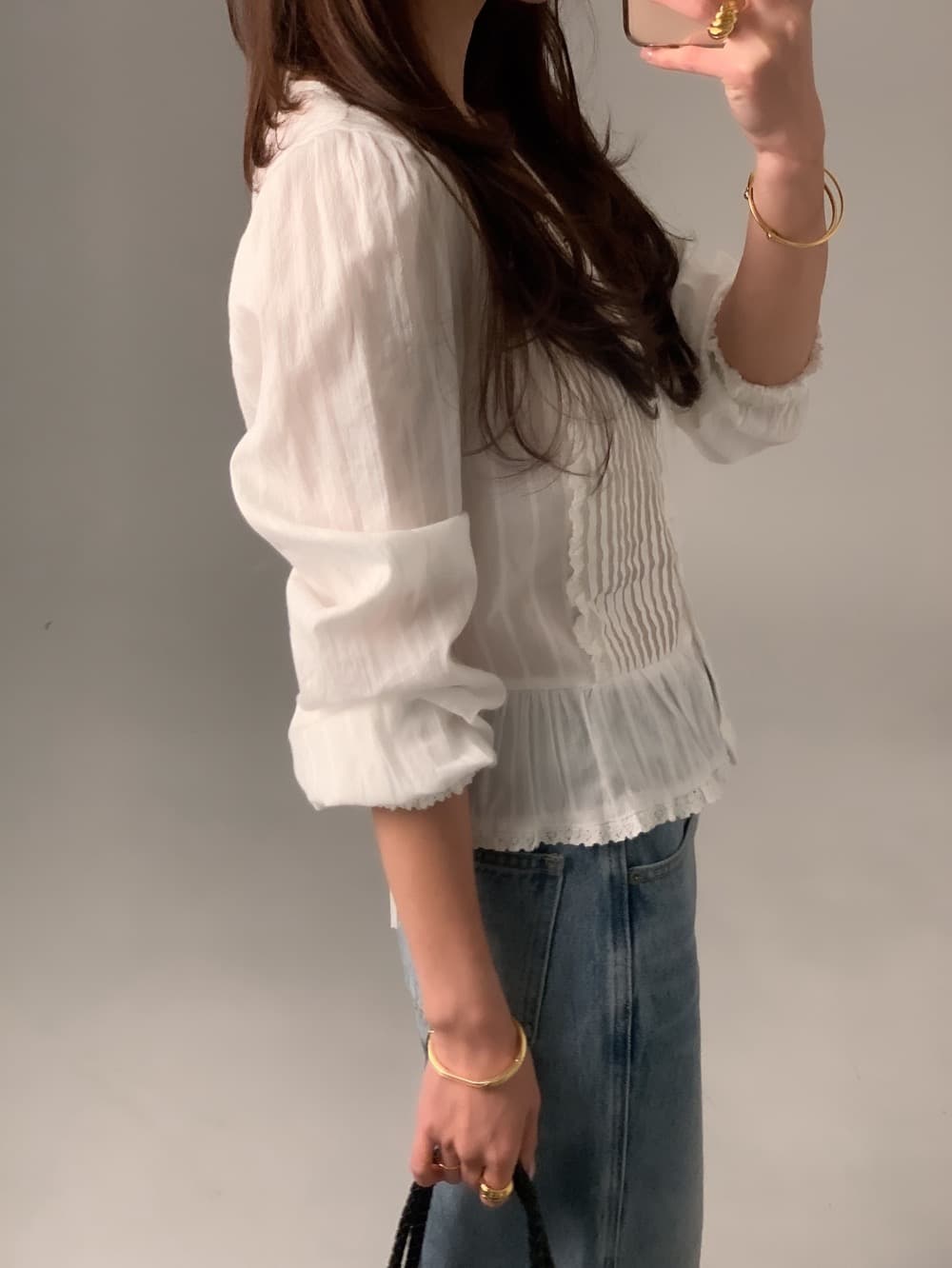chic 가을 무거운 작업 레이스 레이스 레이스 업 셔츠 쉬폰 블라우스 상세 이미지 12