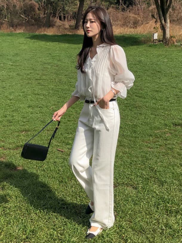 있음 창고 chic 달콤한 스타일 무거운 작업 플리츠 프릴 리본 얇은 스타일 여성 셔츠 상세 이미지 12