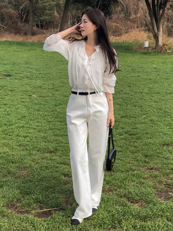 있음 창고 chic 달콤한 스타일 무거운 작업 플리츠 프릴 리본 얇은 스타일 여성 셔츠 상세 이미지 13
