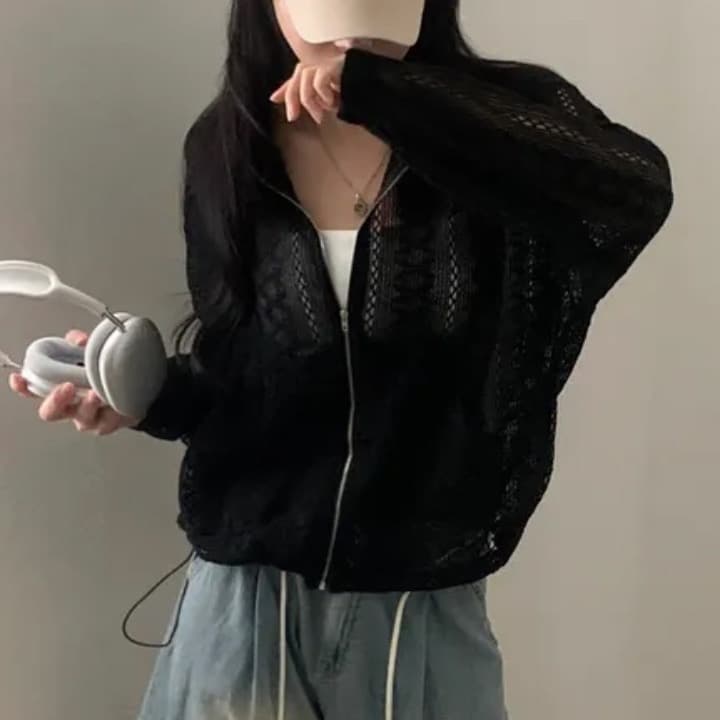있음 선적 새로운 작은 대중 연령 감소 홀로우 아웃 자카드 펌프 로프 후드 레이스 재킷 이미지 4