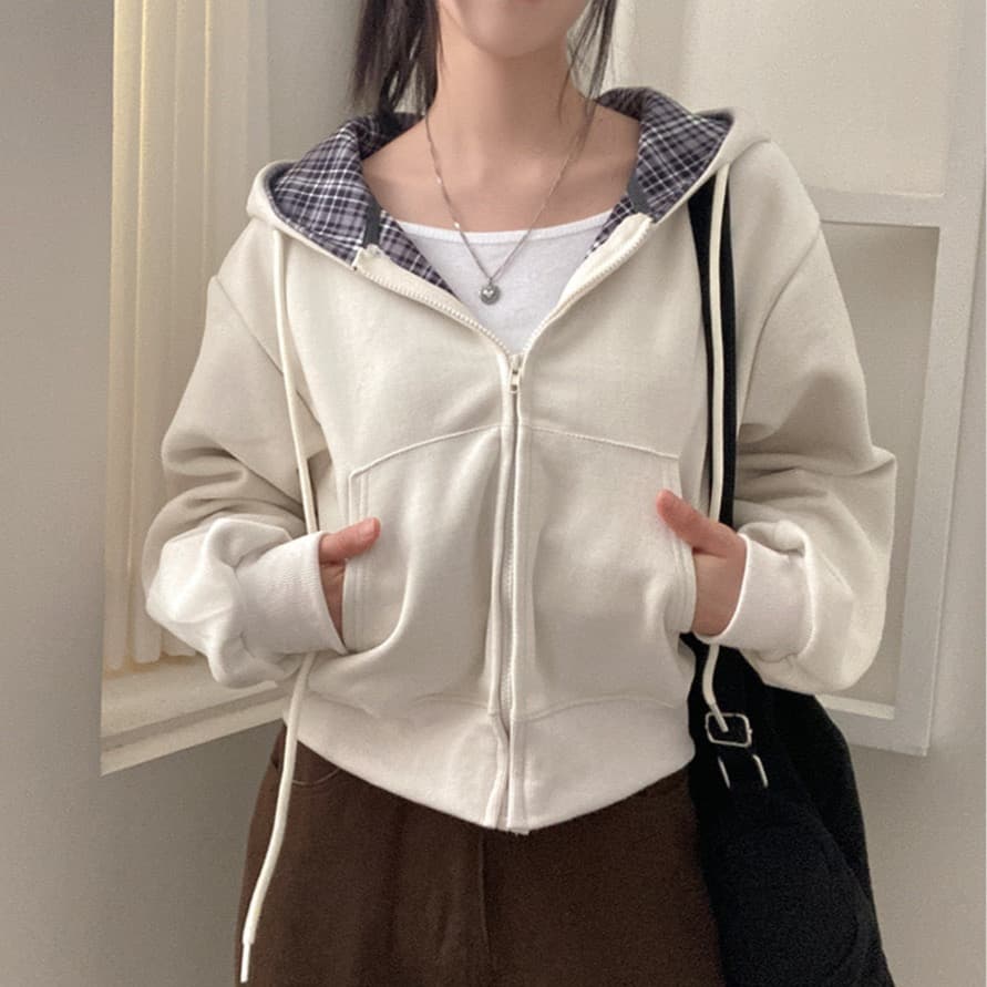 재고 있음 chic 캐주얼 품격 루즈핏 다용도 체크무늬 패치워크 단색 후드 티 스웨터 지퍼 긴팔 재킷 이미지 3