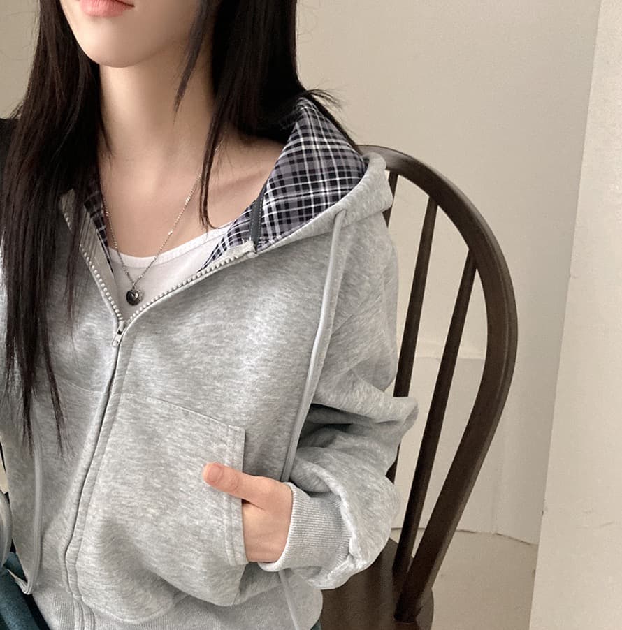 재고 있음 chic 캐주얼 품격 루즈핏 다용도 체크무늬 패치워크 단색 후드 티 스웨터 지퍼 긴팔 재킷 상세 이미지 1