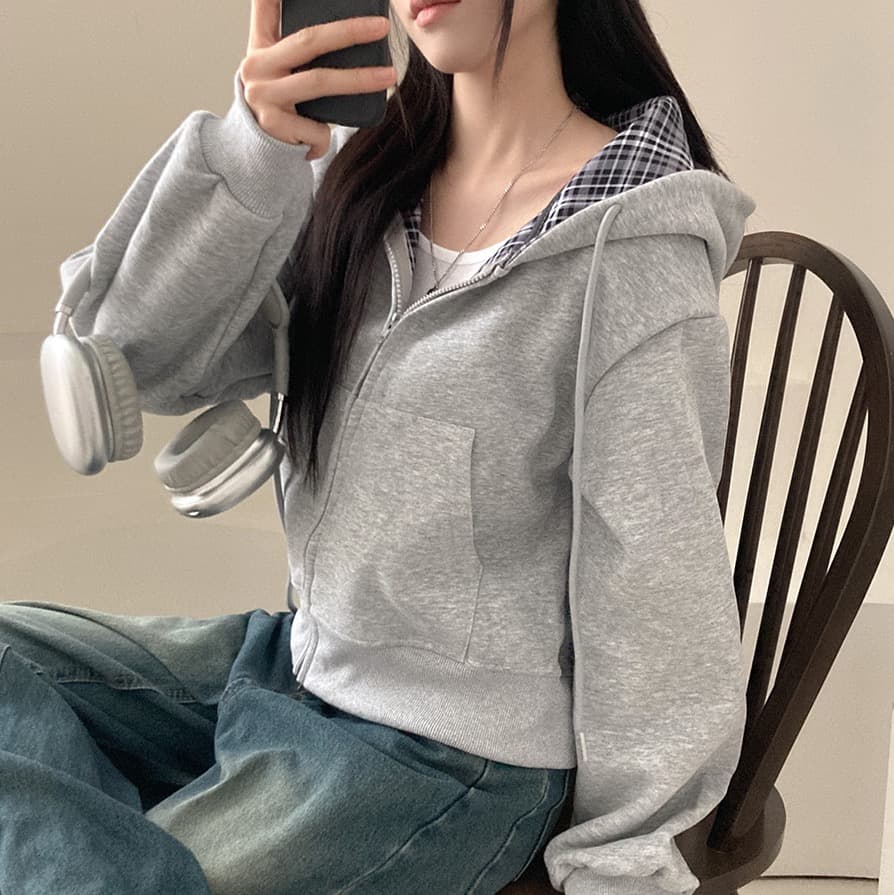 재고 있음 chic 캐주얼 품격 루즈핏 다용도 체크무늬 패치워크 단색 후드 티 스웨터 지퍼 긴팔 재킷 상세 이미지 2