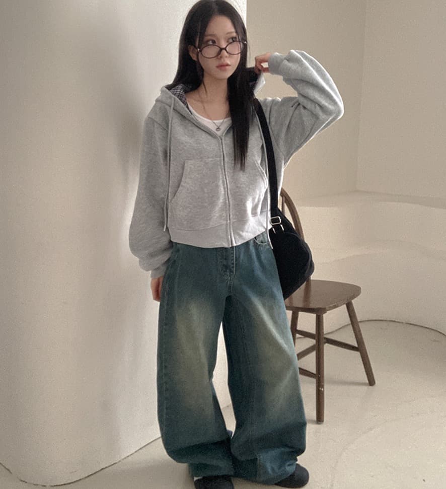 재고 있음 chic 캐주얼 품격 루즈핏 다용도 체크무늬 패치워크 단색 후드 티 스웨터 지퍼 긴팔 재킷 상세 이미지 3