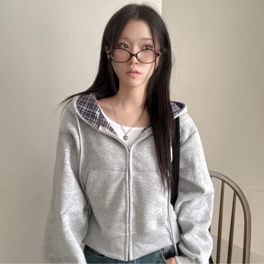 재고 있음 chic 캐주얼 품격 루즈핏 다용도 체크무늬 패치워크 단색 후드 티 스웨터 지퍼 긴팔 재킷 상세 이미지 4