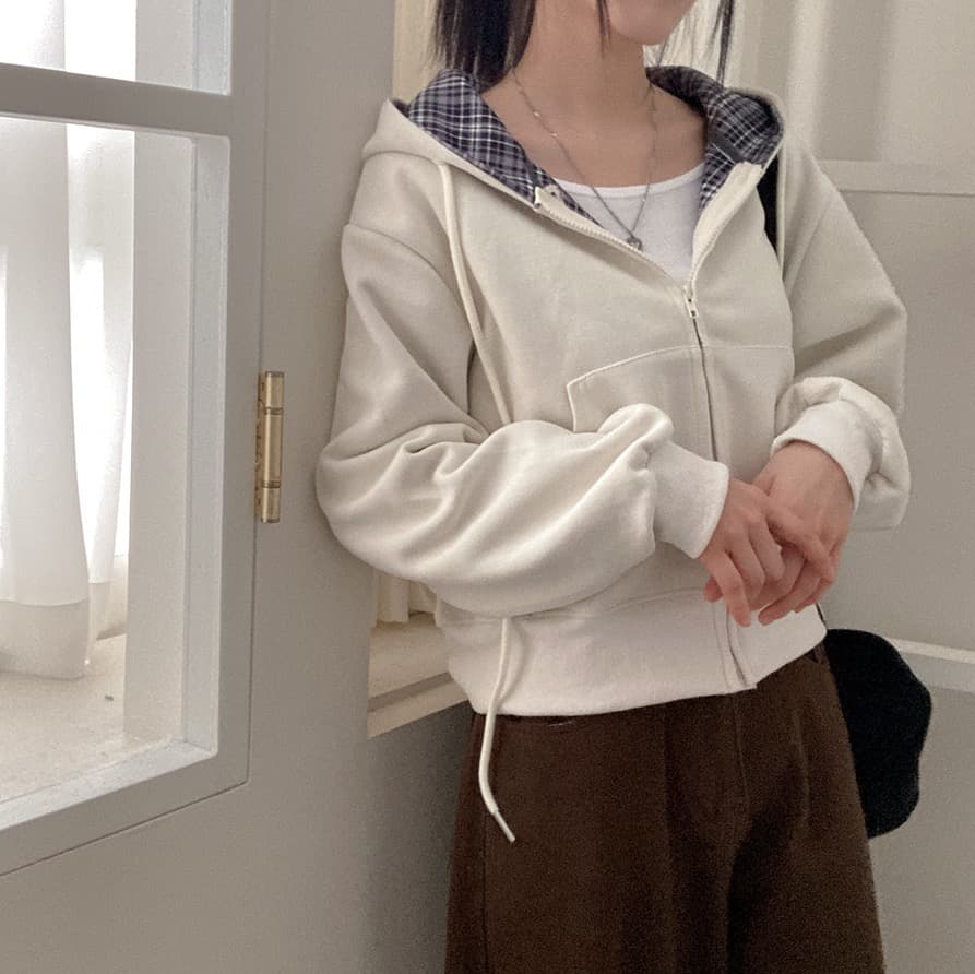 재고 있음 chic 캐주얼 품격 루즈핏 다용도 체크무늬 패치워크 단색 후드 티 스웨터 지퍼 긴팔 재킷 상세 이미지 9