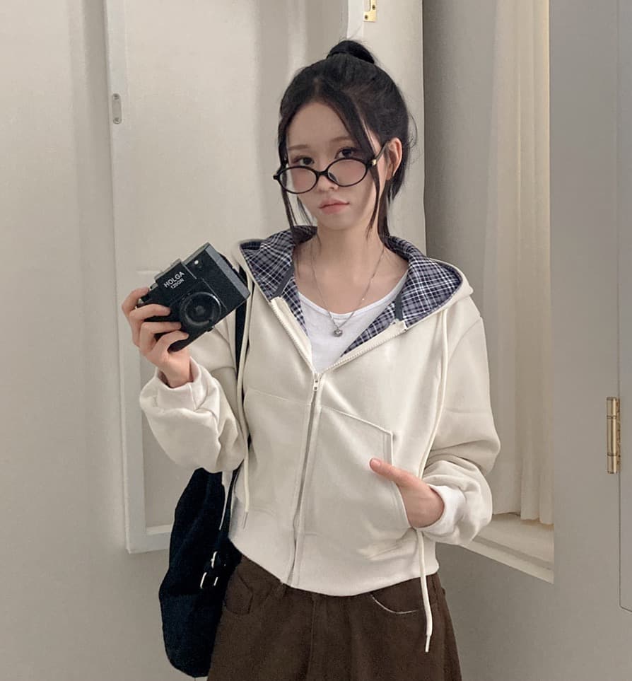 재고 있음 chic 캐주얼 품격 루즈핏 다용도 체크무늬 패치워크 단색 후드 티 스웨터 지퍼 긴팔 재킷 상세 이미지 10