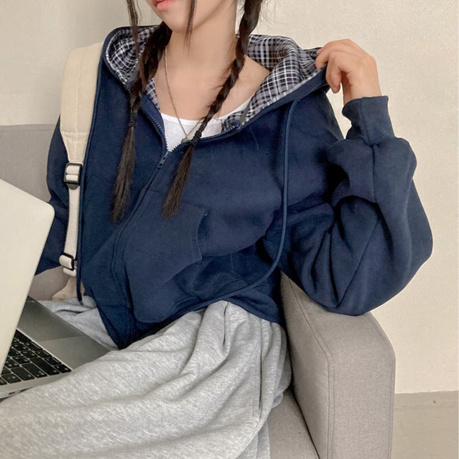 재고 있음 chic 캐주얼 품격 루즈핏 다용도 체크무늬 패치워크 단색 후드 티 스웨터 지퍼 긴팔 재킷 상세 이미지 11