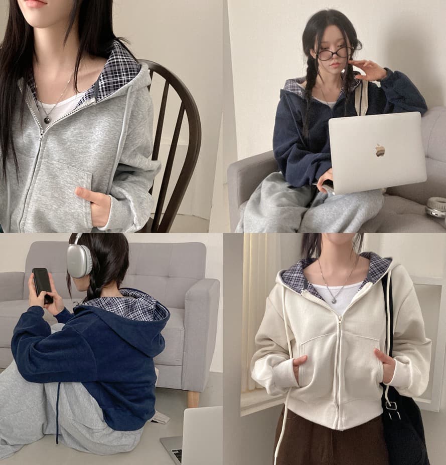 재고 있음 chic 캐주얼 품격 루즈핏 다용도 체크무늬 패치워크 단색 후드 티 스웨터 지퍼 긴팔 재킷 상세 이미지 12