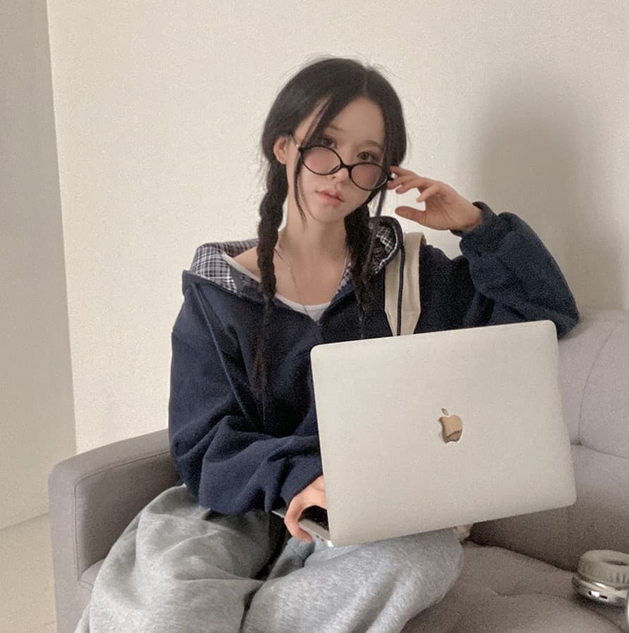 재고 있음 chic 캐주얼 품격 루즈핏 다용도 체크무늬 패치워크 단색 후드 티 스웨터 지퍼 긴팔 재킷 상세 이미지 13