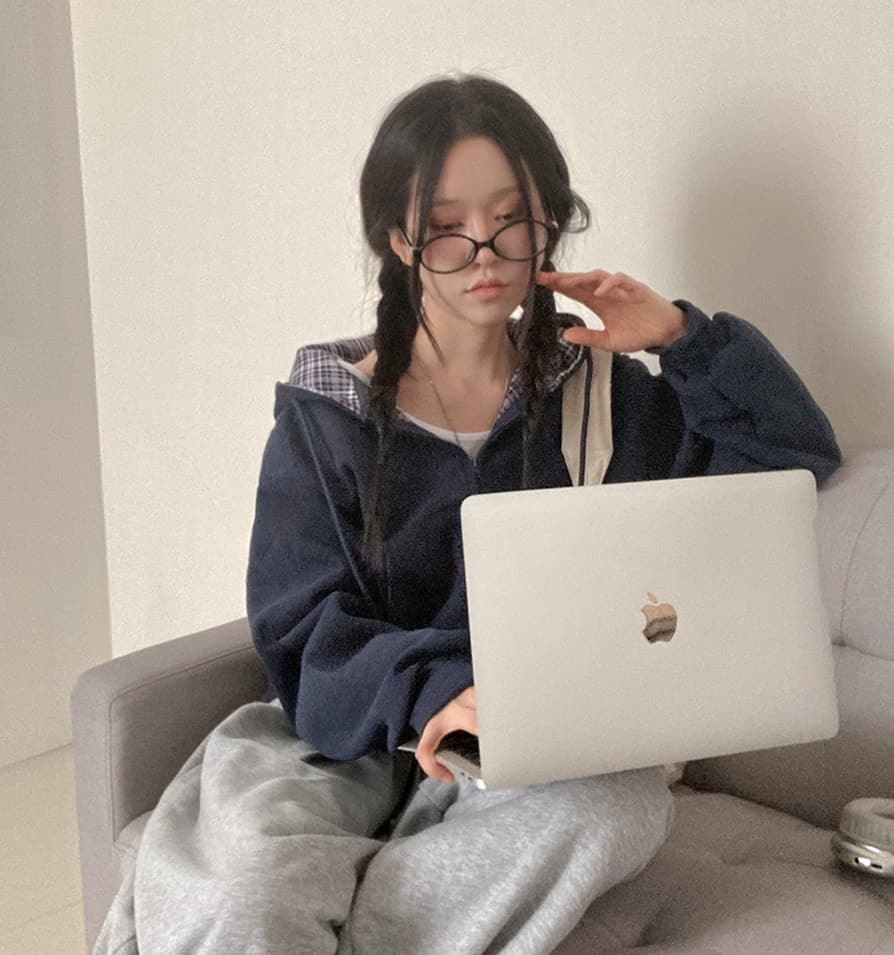 재고 있음 chic 캐주얼 품격 루즈핏 다용도 체크무늬 패치워크 단색 후드 티 스웨터 지퍼 긴팔 재킷 상세 이미지 14