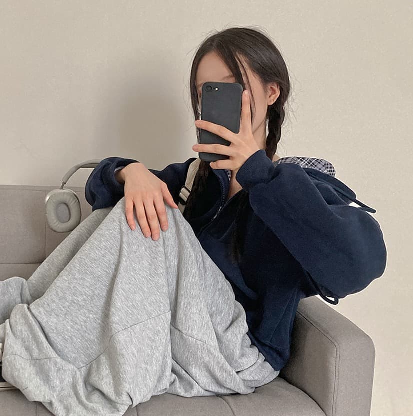 재고 있음 chic 캐주얼 품격 루즈핏 다용도 체크무늬 패치워크 단색 후드 티 스웨터 지퍼 긴팔 재킷 상세 이미지 15