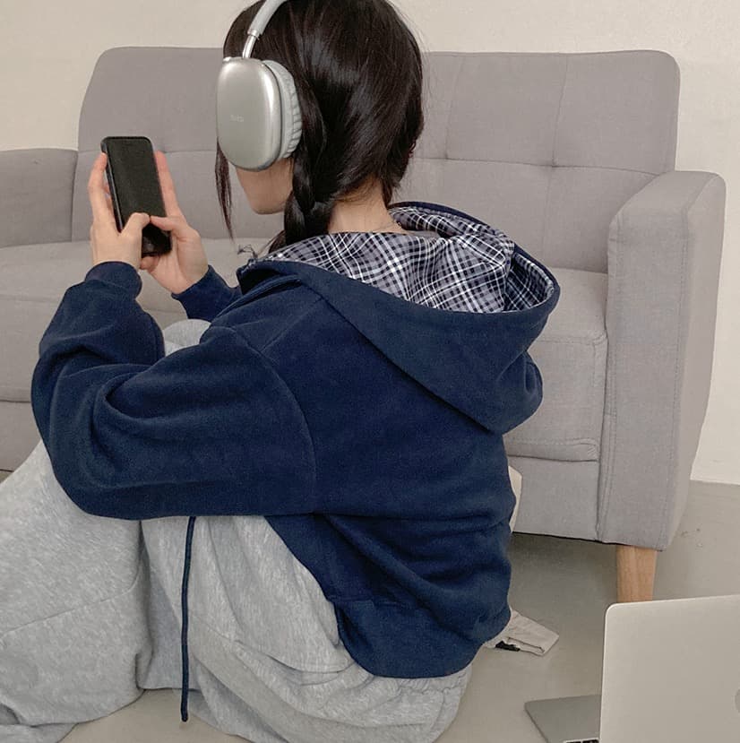 재고 있음 chic 캐주얼 품격 루즈핏 다용도 체크무늬 패치워크 단색 후드 티 스웨터 지퍼 긴팔 재킷 상세 이미지 16