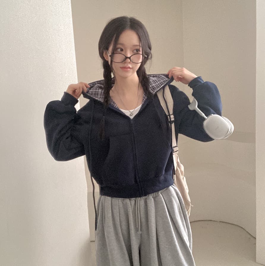 재고 있음 chic 캐주얼 품격 루즈핏 다용도 체크무늬 패치워크 단색 후드 티 스웨터 지퍼 긴팔 재킷 상세 이미지 19