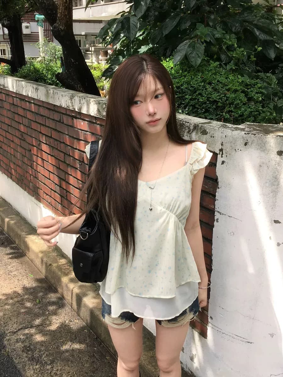 재고 있음 chic 동대문 부드러운 바람 꽃무늬 프릴 작은 날다 소매 쉬폰 셔츠