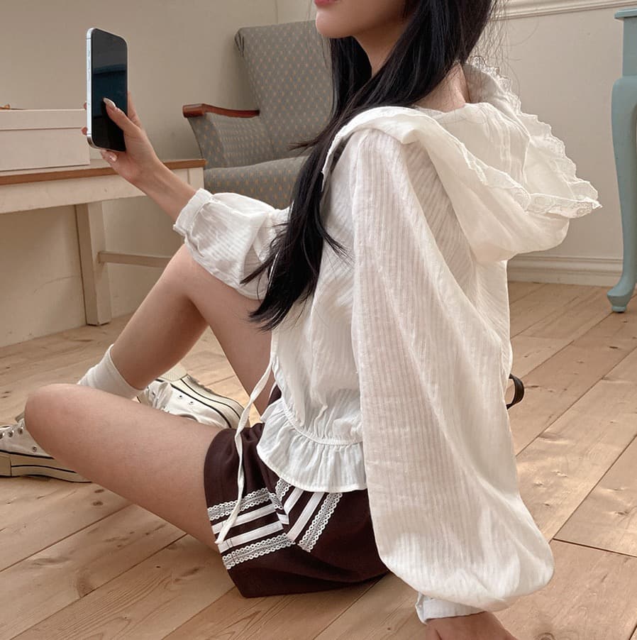 있음 선적 한국 ins 주름 부서 버클 레이스 후드 달콤함 귀여운 상세 이미지 3