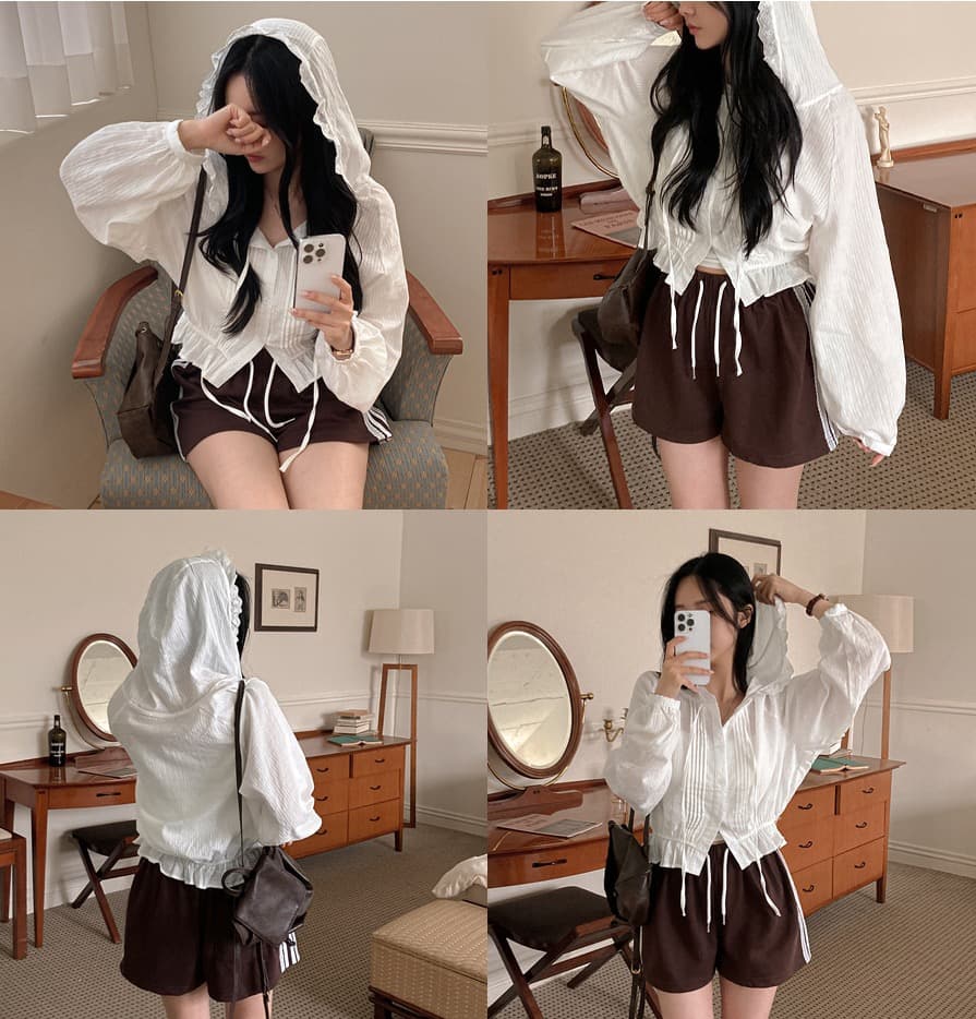 있음 선적 한국 ins 주름 부서 버클 레이스 후드 달콤함 귀여운 상세 이미지 11