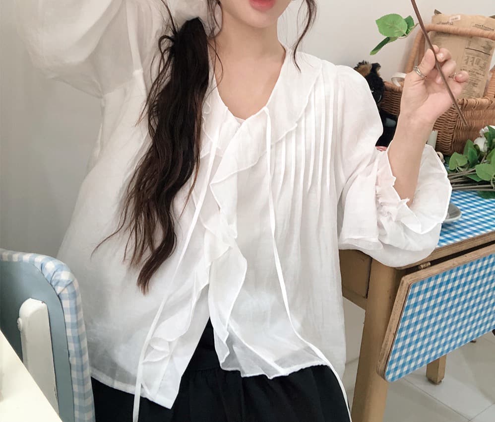 있음 창고 chic 달콤한 스타일 무거운 작업 플리츠 프릴 리본 얇은 스타일 여성 셔츠 이미지 3