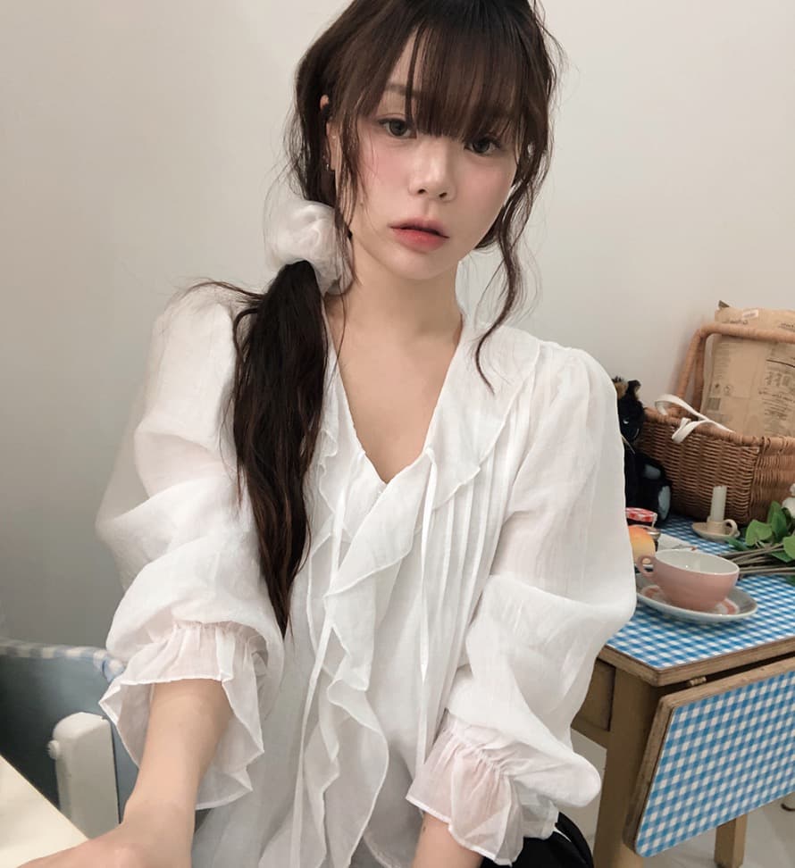 있음 창고 chic 달콤한 스타일 무거운 작업 플리츠 프릴 리본 얇은 스타일 여성 셔츠
