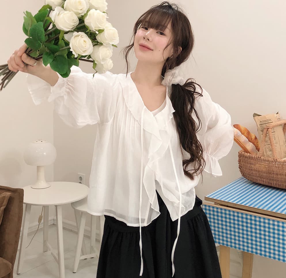 있음 창고 chic 달콤한 스타일 무거운 작업 플리츠 프릴 리본 얇은 스타일 여성 셔츠 상세 이미지 1