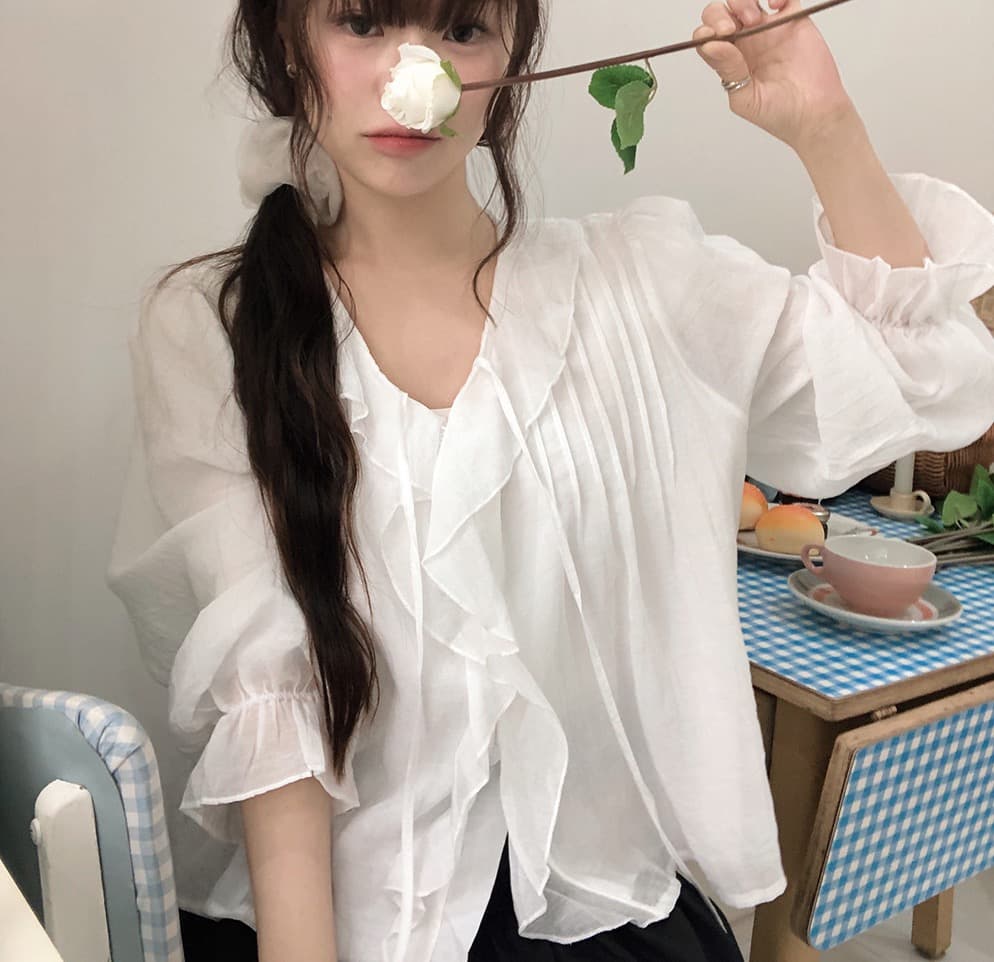 있음 창고 chic 달콤한 스타일 무거운 작업 플리츠 프릴 리본 얇은 스타일 여성 셔츠 상세 이미지 3