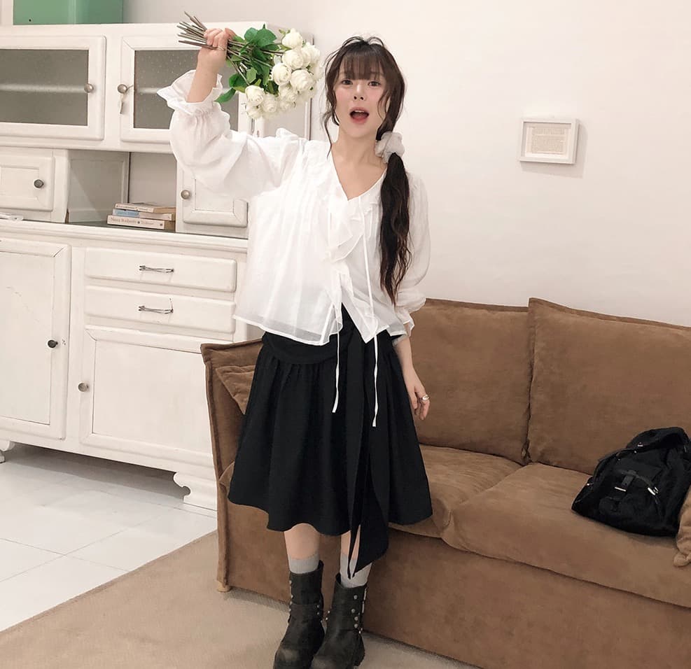 있음 창고 chic 달콤한 스타일 무거운 작업 플리츠 프릴 리본 얇은 스타일 여성 셔츠 상세 이미지 6