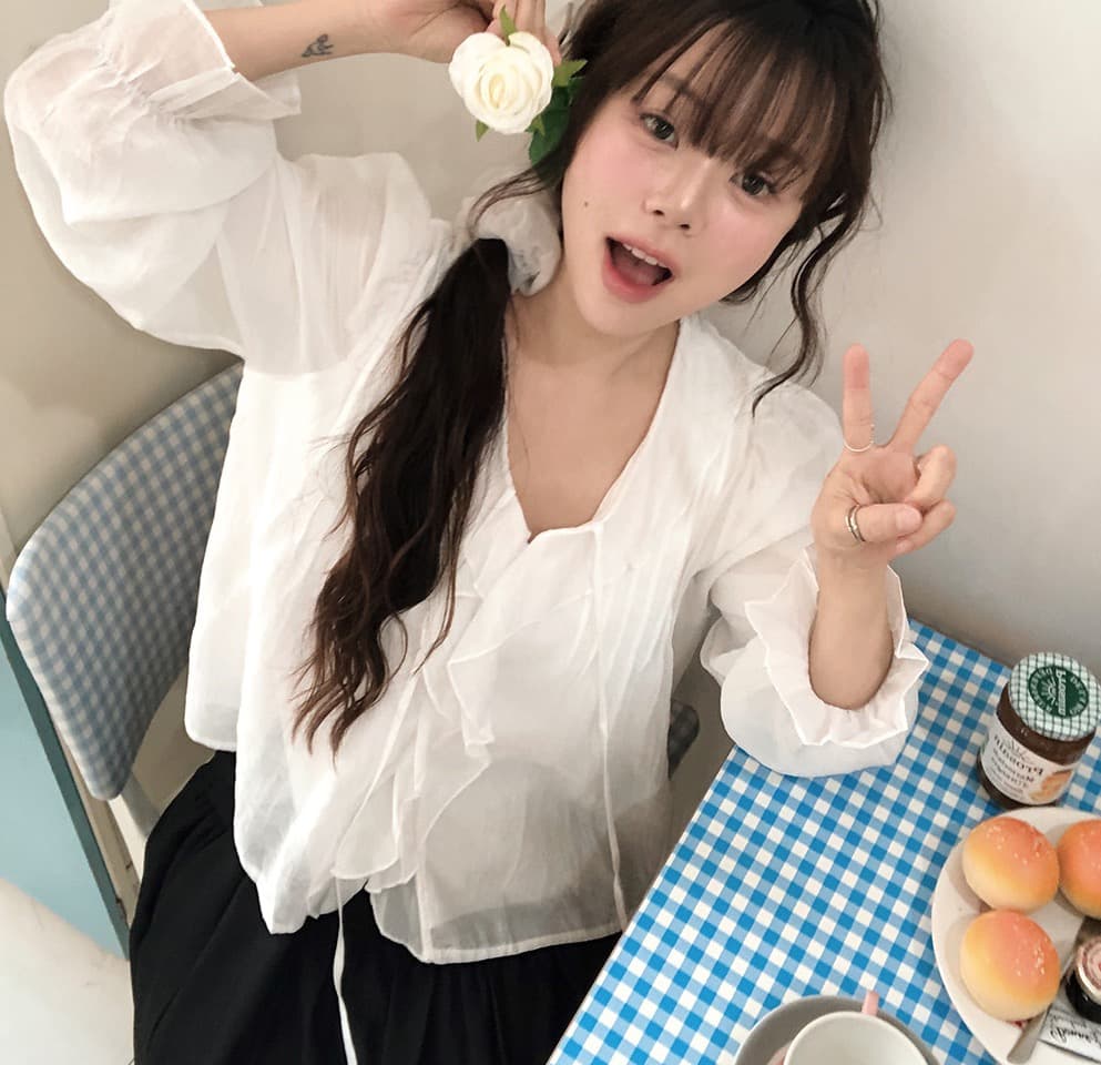 있음 창고 chic 달콤한 스타일 무거운 작업 플리츠 프릴 리본 얇은 스타일 여성 셔츠 상세 이미지 8