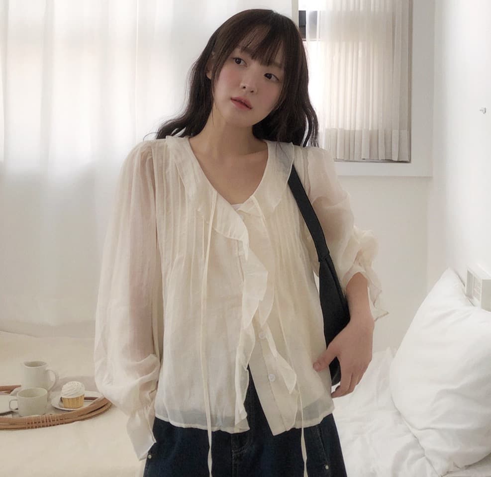 있음 창고 chic 달콤한 스타일 무거운 작업 플리츠 프릴 리본 얇은 스타일 여성 셔츠 상세 이미지 17