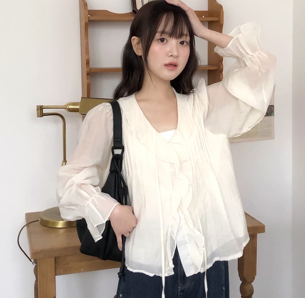 있음 창고 chic 달콤한 스타일 무거운 작업 플리츠 프릴 리본 얇은 스타일 여성 셔츠 상세 이미지 23