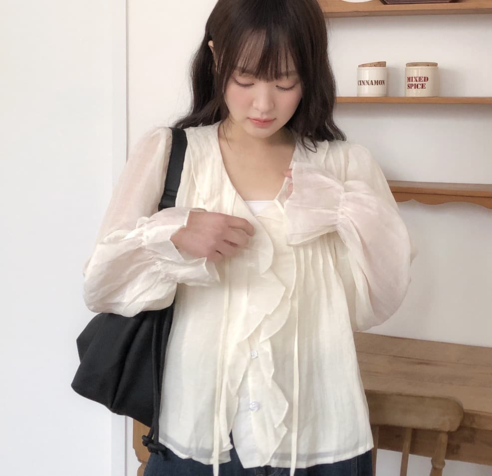 있음 창고 chic 달콤한 스타일 무거운 작업 플리츠 프릴 리본 얇은 스타일 여성 셔츠 상세 이미지 24