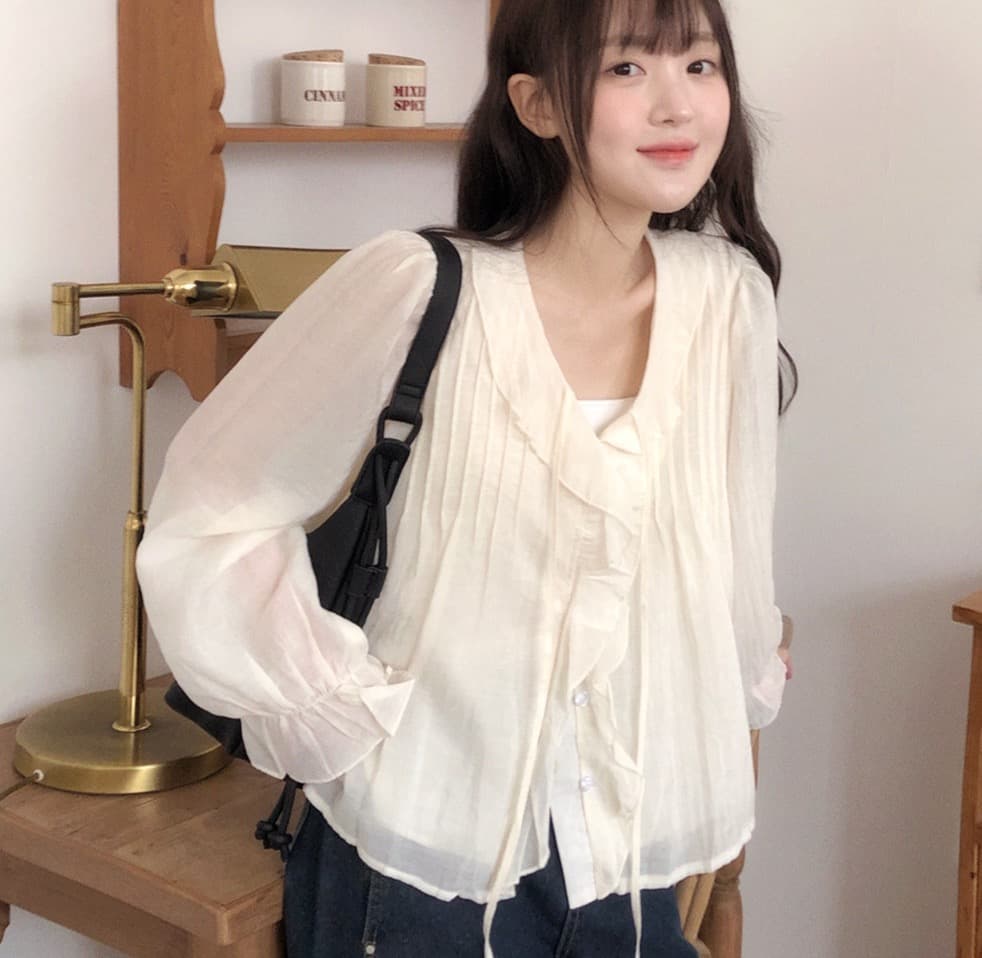 있음 창고 chic 달콤한 스타일 무거운 작업 플리츠 프릴 리본 얇은 스타일 여성 셔츠 상세 이미지 27