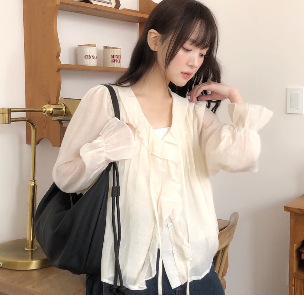 있음 창고 chic 달콤한 스타일 무거운 작업 플리츠 프릴 리본 얇은 스타일 여성 셔츠 상세 이미지 30