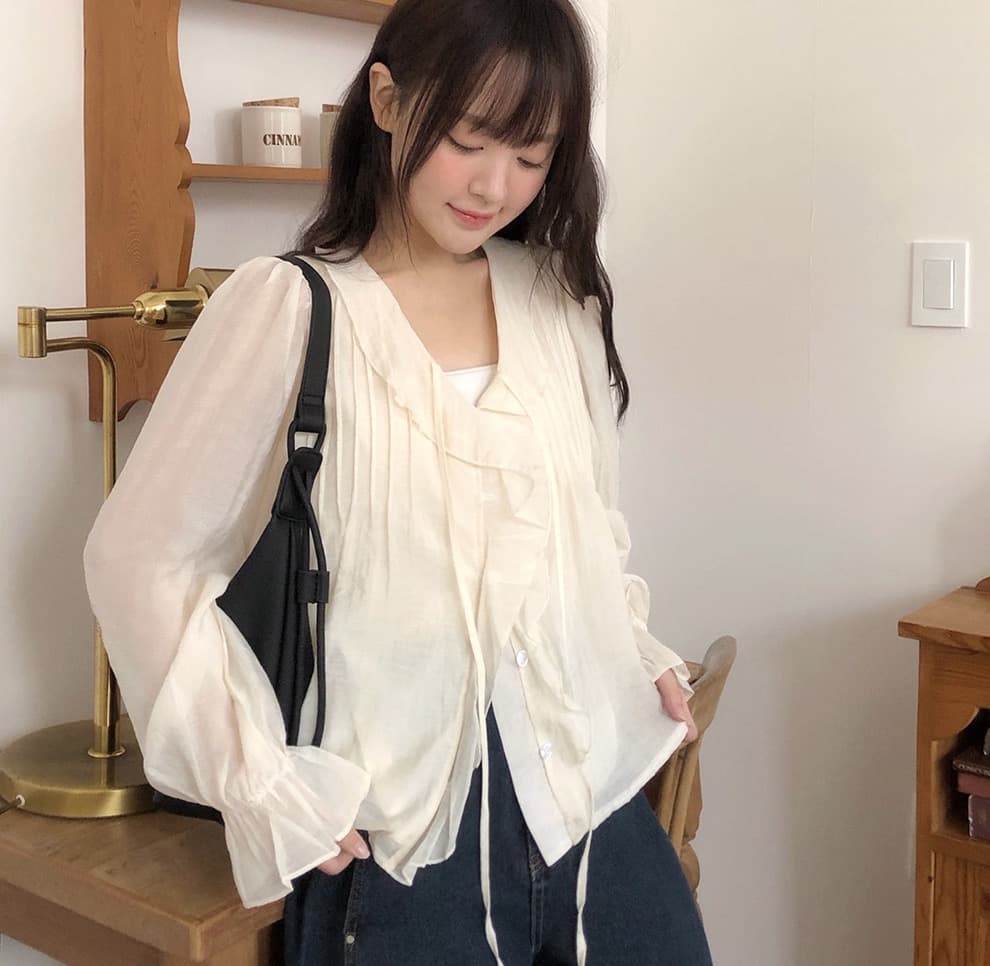 있음 창고 chic 달콤한 스타일 무거운 작업 플리츠 프릴 리본 얇은 스타일 여성 셔츠 상세 이미지 32