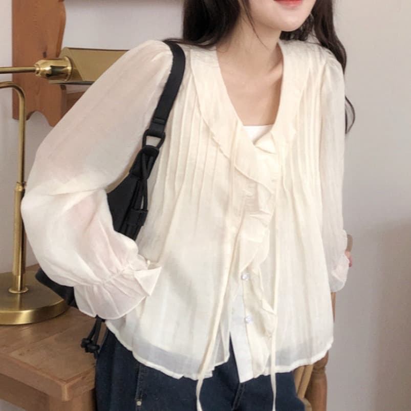 있음 창고 chic 달콤한 스타일 무거운 작업 플리츠 프릴 리본 얇은 스타일 여성 셔츠 상세 이미지 41