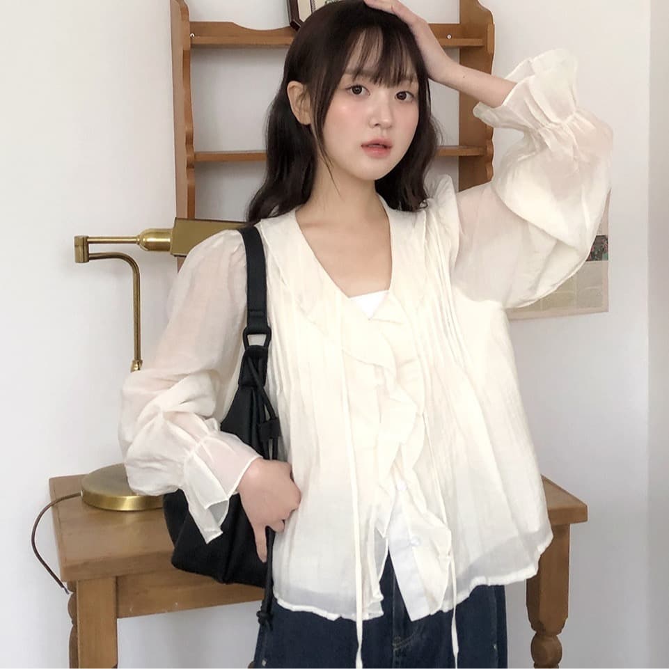 있음 창고 chic 달콤한 스타일 무거운 작업 플리츠 프릴 리본 얇은 스타일 여성 셔츠 상세 이미지 43