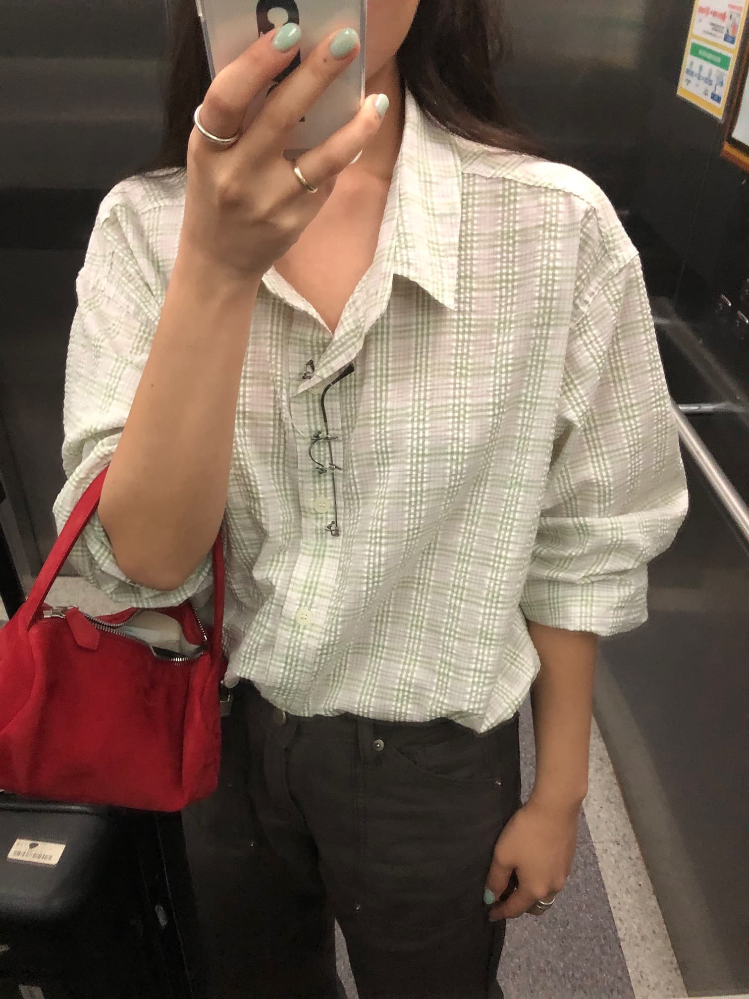 재고 있음 chic 한국 스타일 체크무늬 긴팔 셔츠 셔츠 재킷 루즈핏 맨위 이미지 2