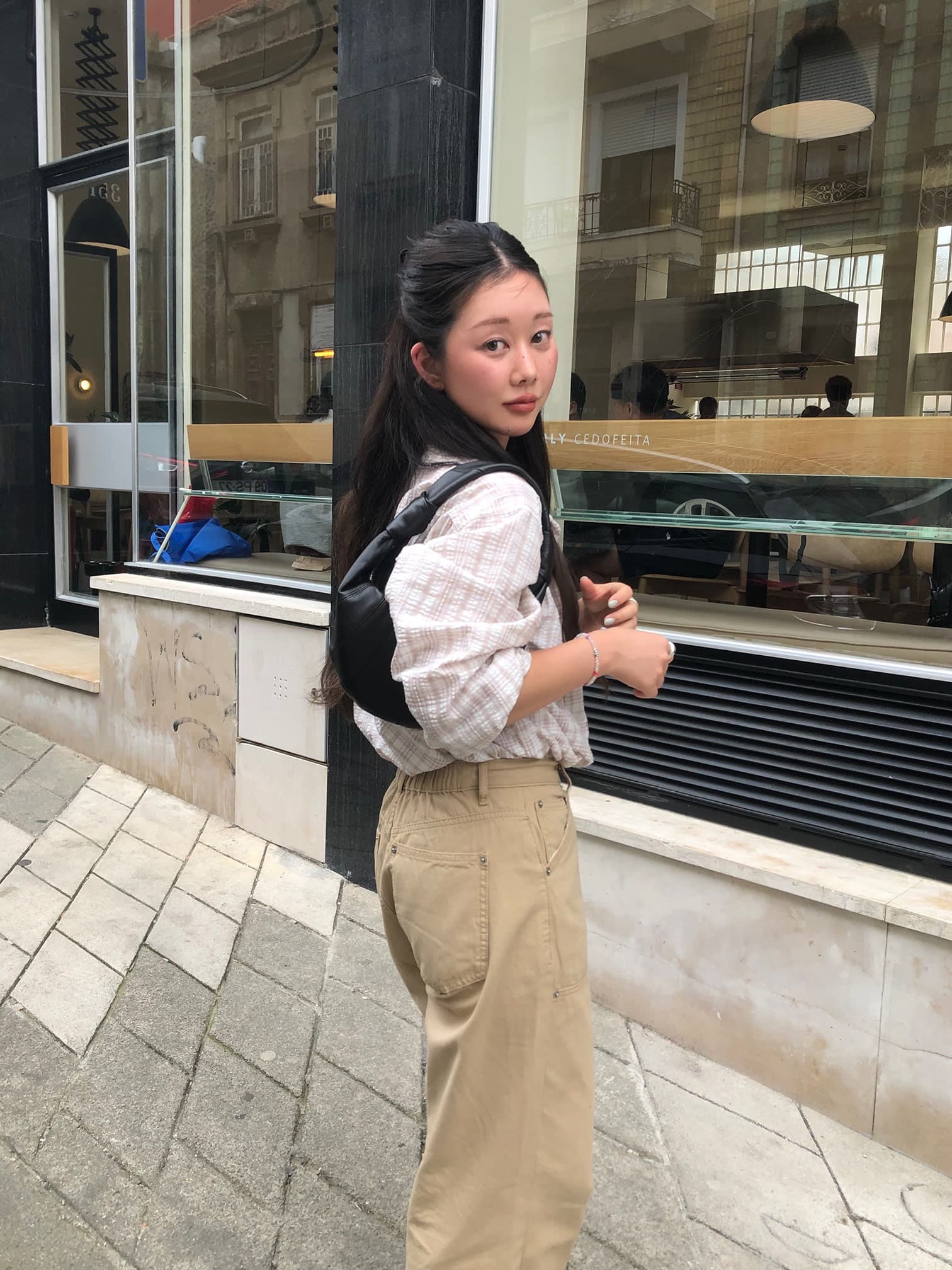 재고 있음 chic 한국 스타일 체크무늬 긴팔 셔츠 셔츠 재킷 루즈핏 맨위 상세 이미지 14